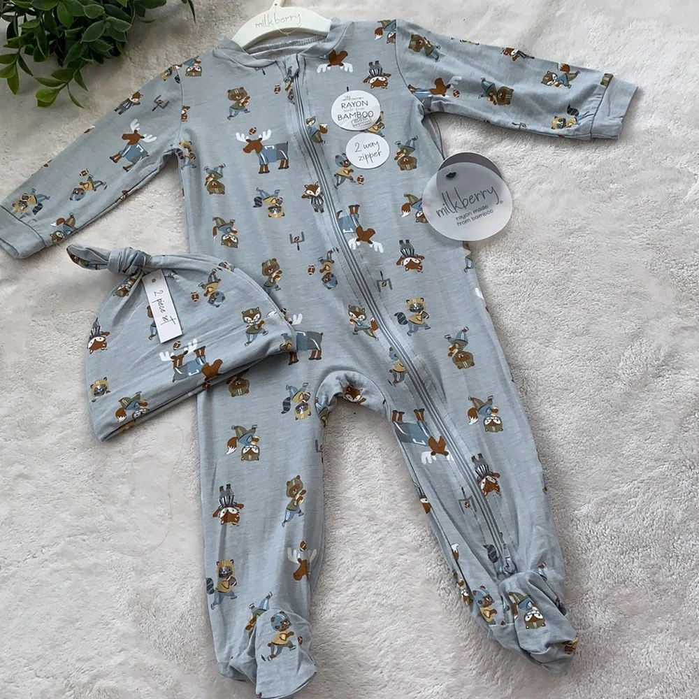 NWT Milkberry Animal Football Gray Footie w/ Beanie Hat Set 6-9M Bamboo
